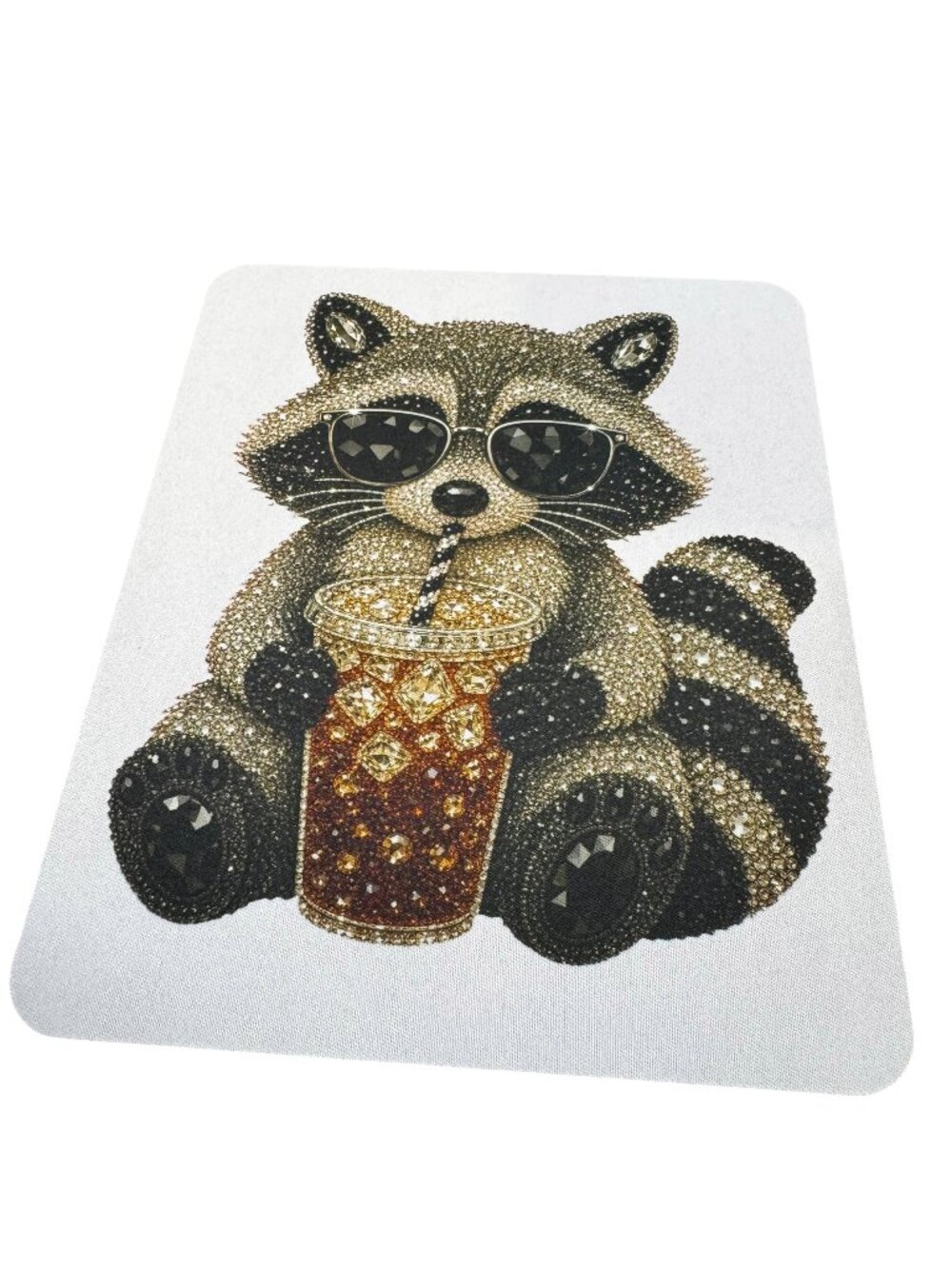 Raccoon with Iced Coffee Mouse Pad, Jewel Art Design